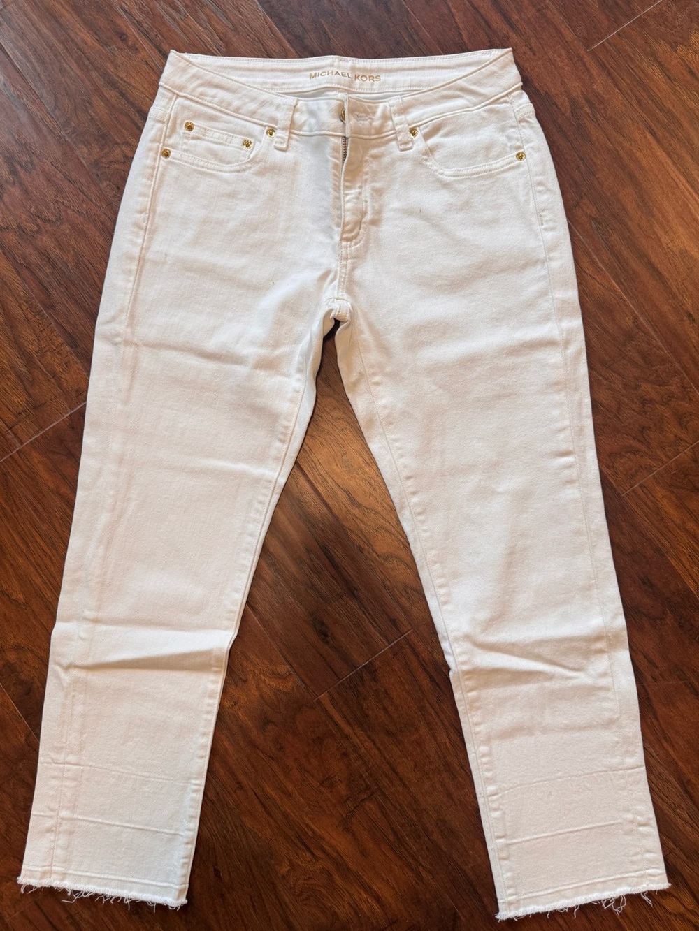Michael Kors Cream Cropped Slim Jeans with Gold-Tone Accents
